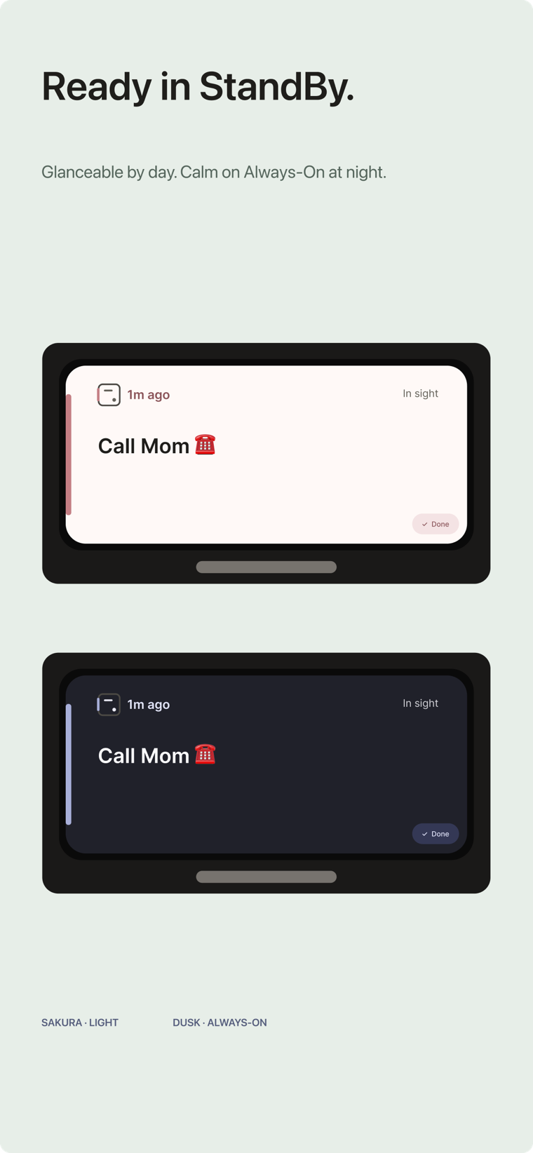 Current Card shown in light and dark StandBy surfaces